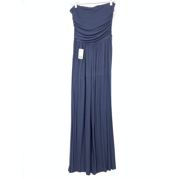 Y2K Forever 21 Jersey Knit Jumpsuit Womens Sz Large Blue Strapless Wide Leg - Picture 2 of 7